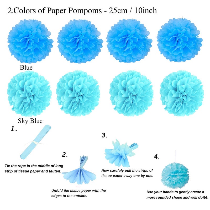 ZERODECO Party Decoration, 21 Pcs Blue Hanging Paper Fans, Pom Poms Flowers, Garlands String Polka Dot and Triangle Bunting Flags for Boy Birthday Parties, Bridal Showers, Baby Showers, Wedding - Image 4